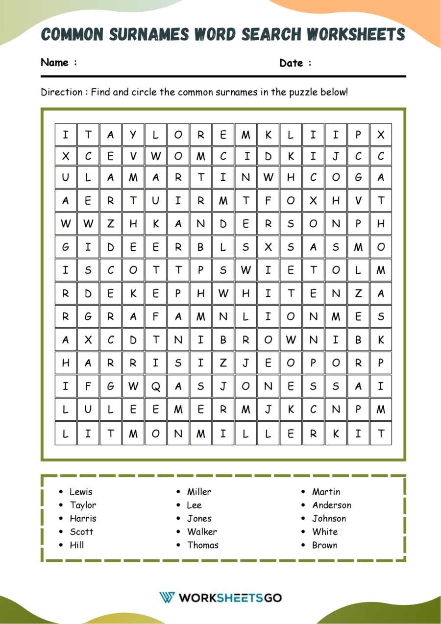 Common Surnames Word Search Worksheet Common Surnames Word Search Worksheet