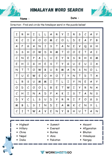 Himalayan Word Search Worksheets