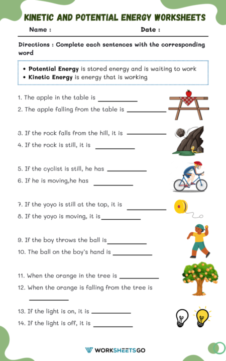Kinetic And Potential Energy Worksheets