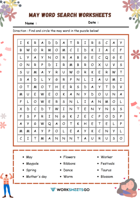 May Word Search Worksheets