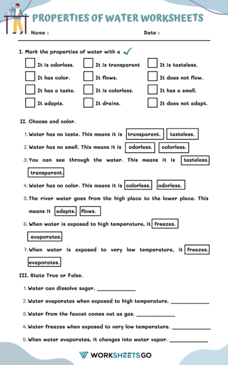 Properties Of Water Worksheets