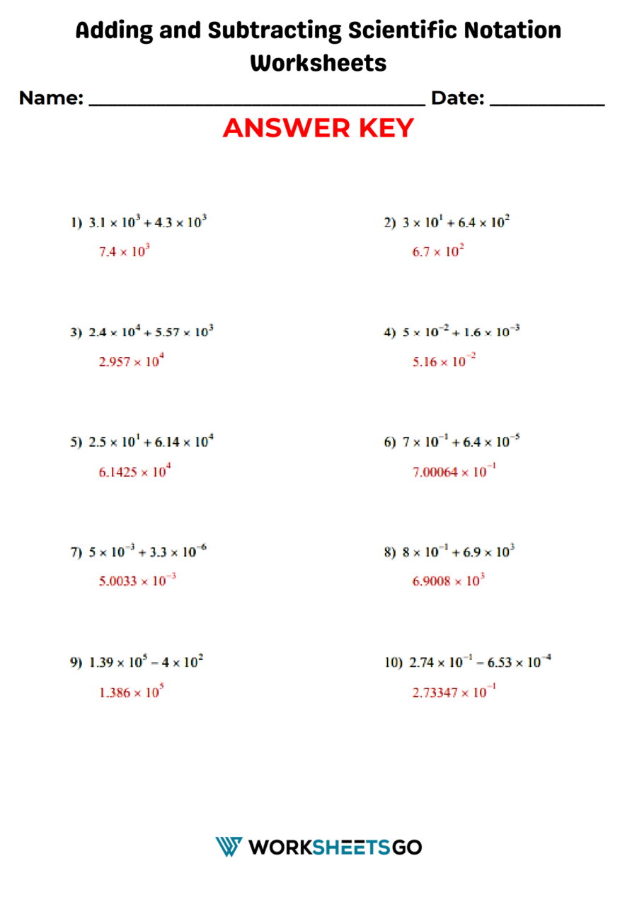 Adding And Subtracting Scientific Notation Worksheet Answer Key