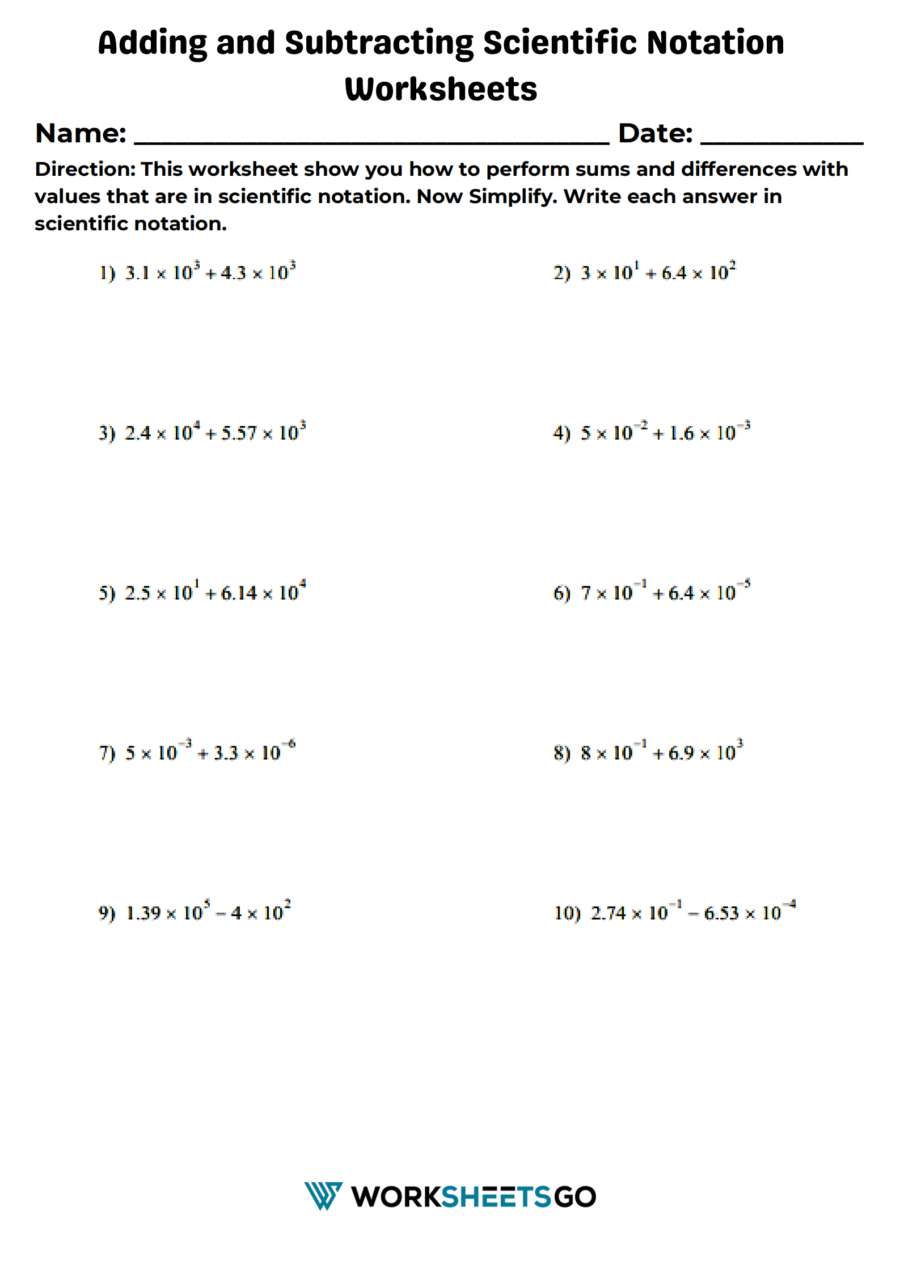 Adding And Subtracting Numbers In Scientific Notation Worksheet Free