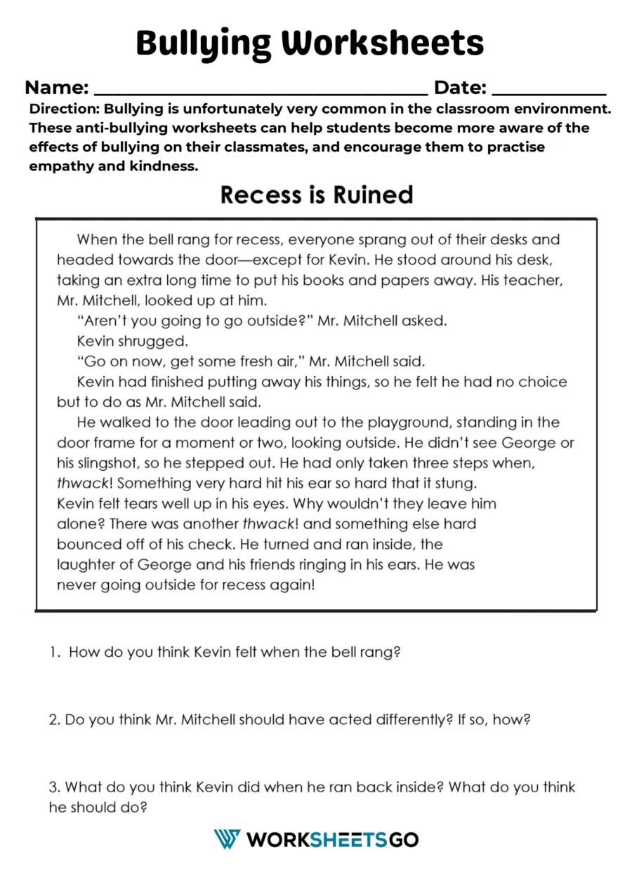 Bullying Worksheet Bullying Worksheet