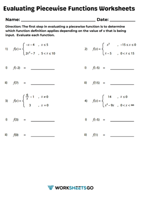 Evaluating Piecewise Functions Worksheets