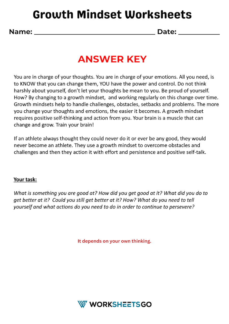Growth Mindset Worksheet Answer Key Growth Mindset Worksheet Answer Key