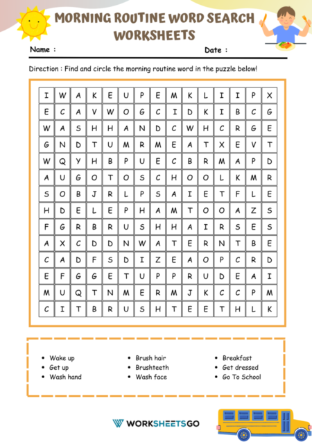 Morning Routine Word Search Worksheets