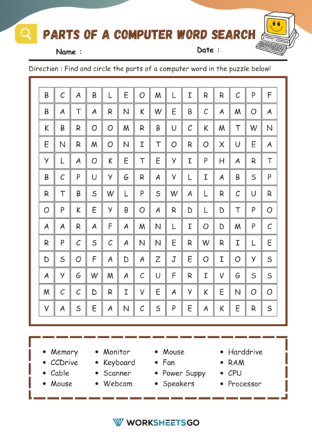 Parts Of A Computer Word Search Worksheets