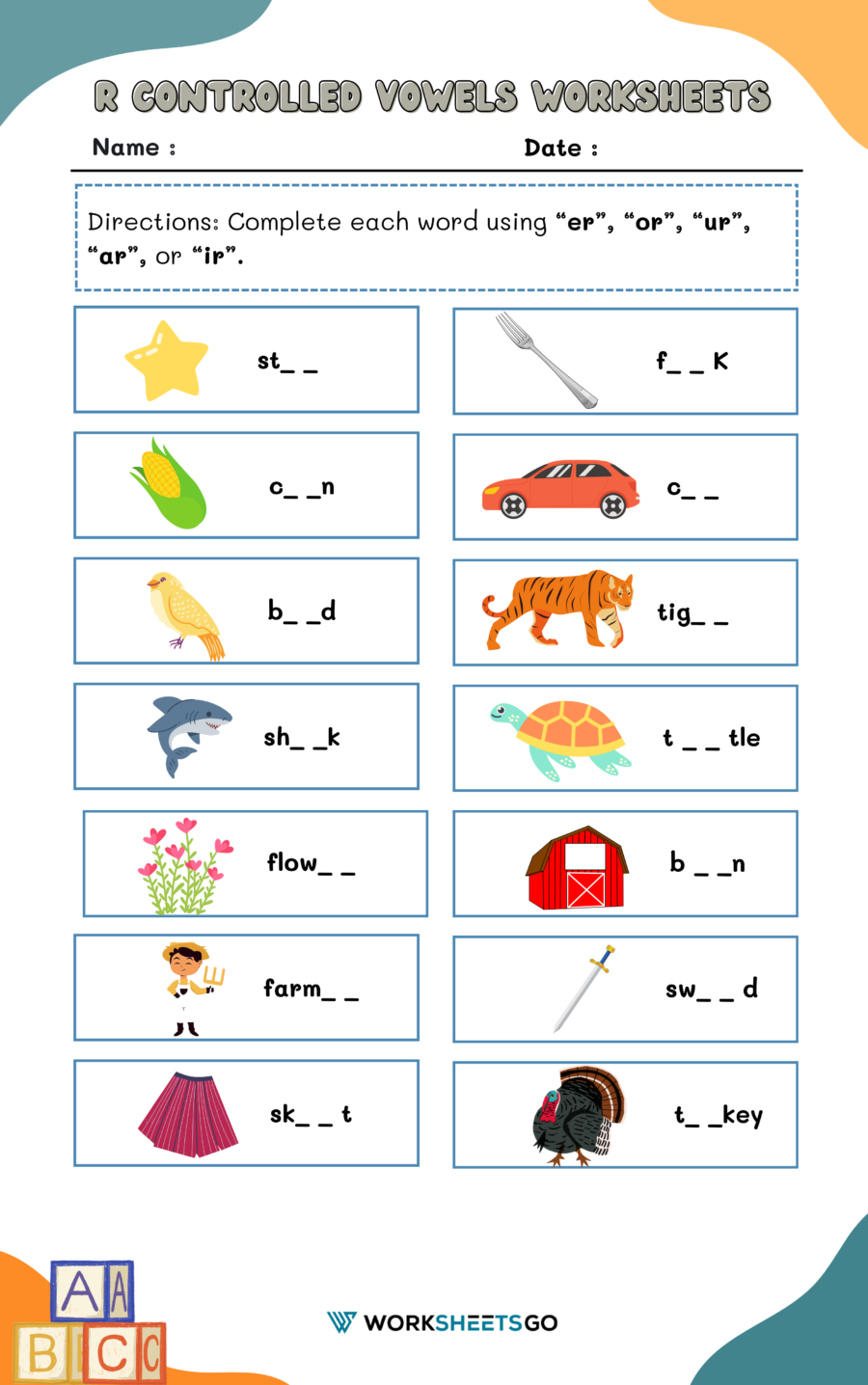 R Controlled Vowels Worksheets