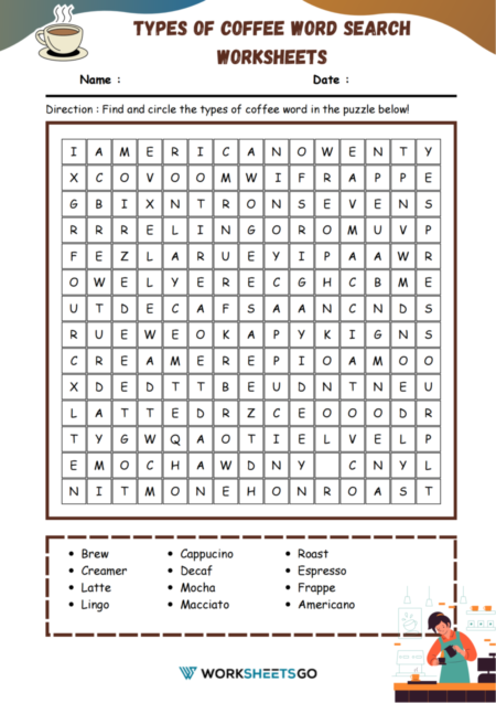 Types Of Coffee Word Search Worksheets