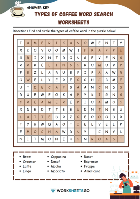 Types Of Coffee Word Search Worksheets | WorksheetsGO