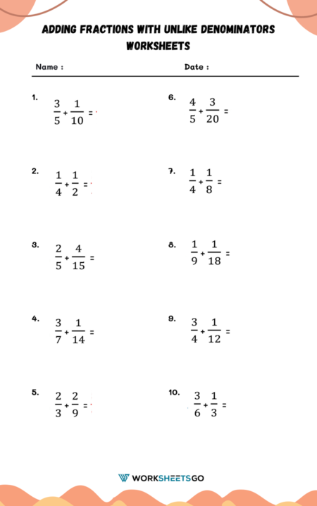 Adding Fractions With Unlike Denominators Worksheets