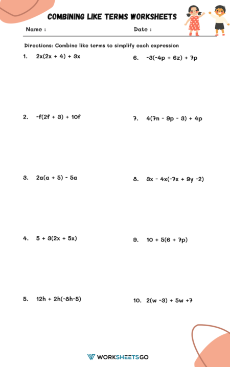 Combining Like Terms Worksheets