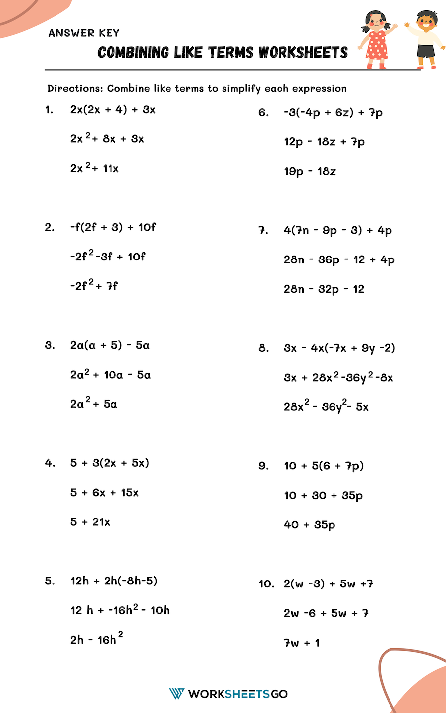 Combining Like Terms Worksheet Answer Key