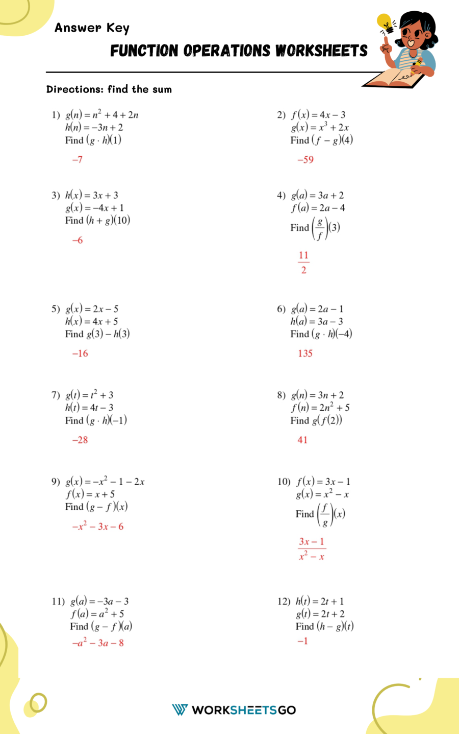 Function Operations Worksheets WorksheetsGO