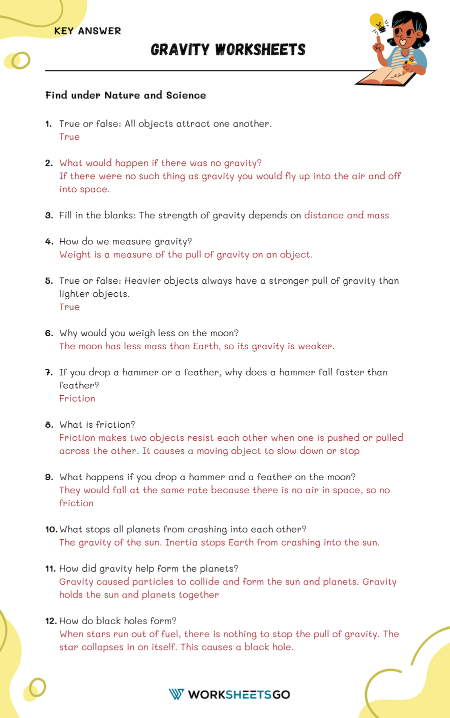 Gravity Worksheet Answer Key Gravity Worksheet Answer Key