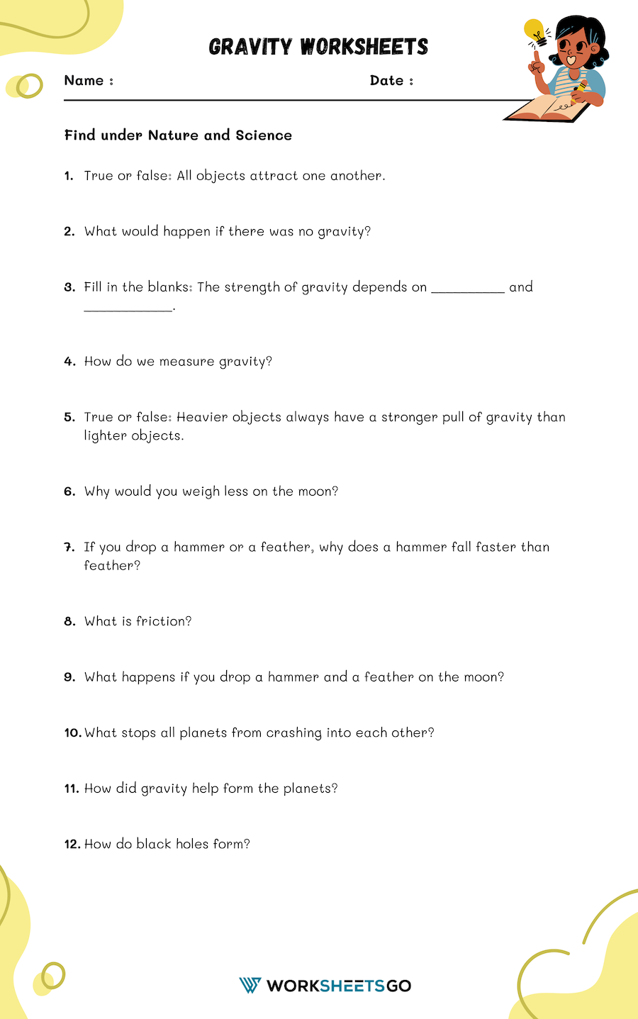 Gravity Worksheet Gravity Worksheet