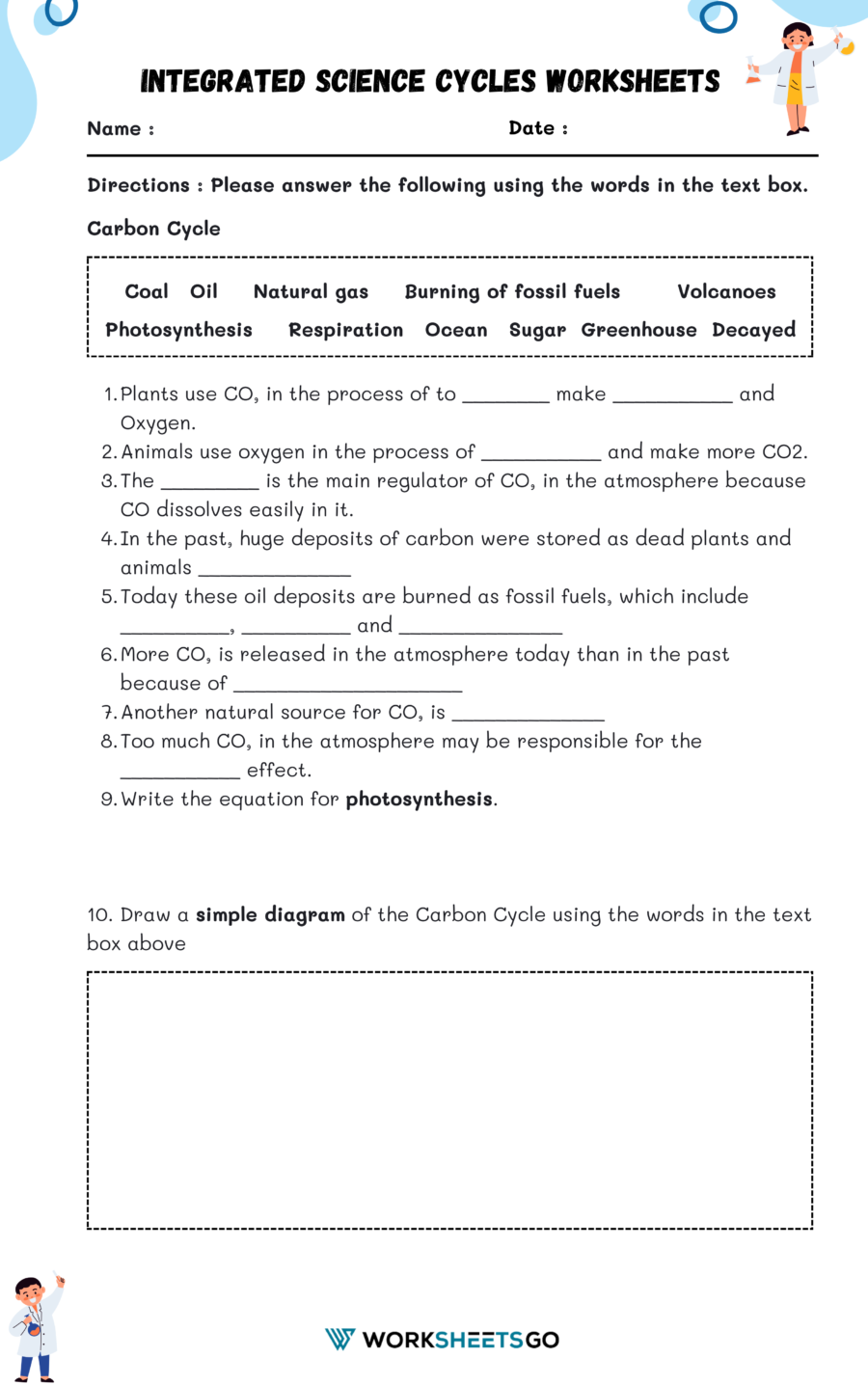 Integrated Science Cycles, Carbon Cycle Worksheet