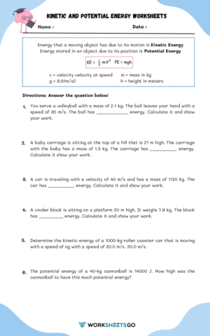 Kinetic and Potential Energy Worksheets