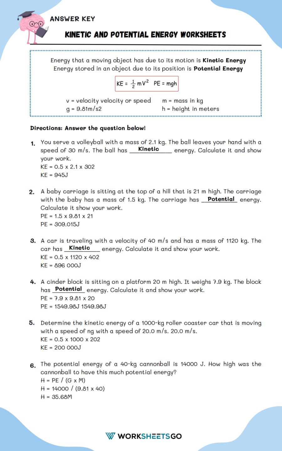 Kinetic And Potential Energy Worksheet Answer Key