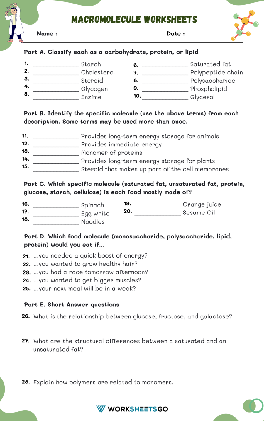 Macromolecule Worksheet Macromolecule Worksheet