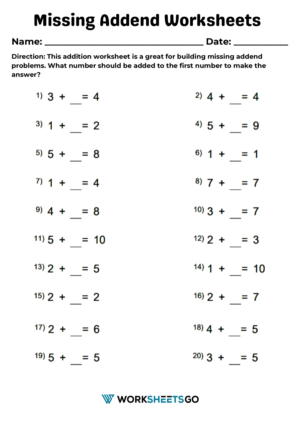 Missing Addend Worksheets | WorksheetsGO
