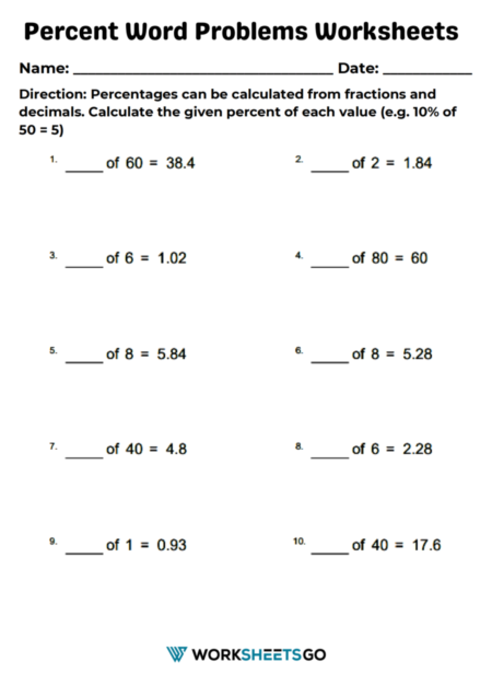 Percent Word Problems Worksheets