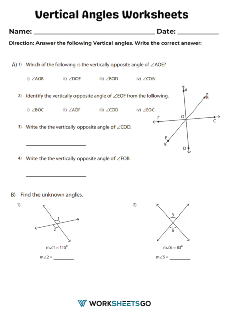 Vertical Angles Worksheets