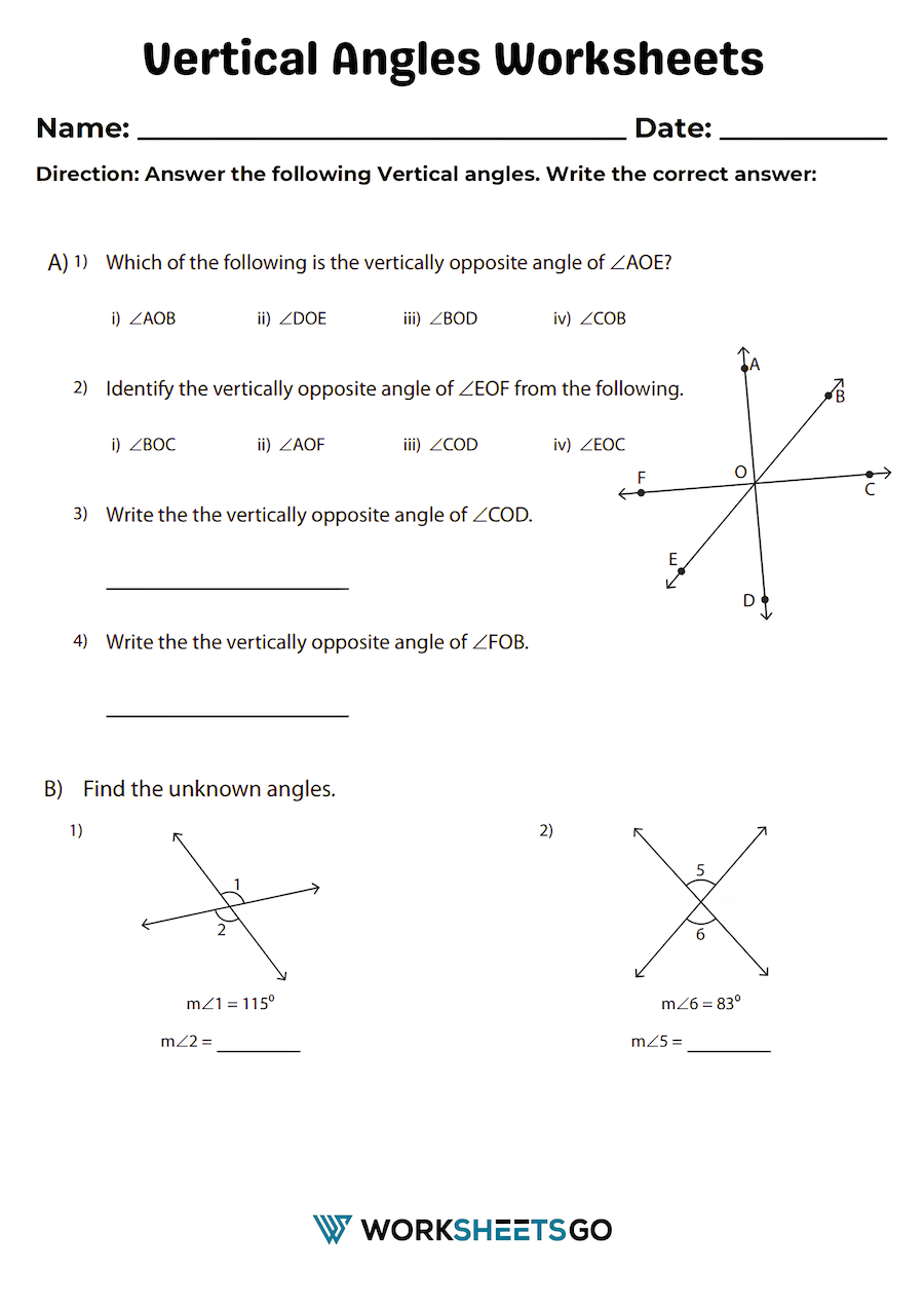 Vertical Angles Worksheet