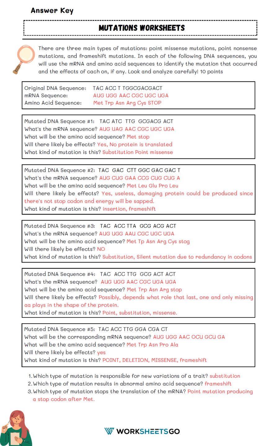 Mutations Worksheet Answer Key Mutations Worksheet Answer Key