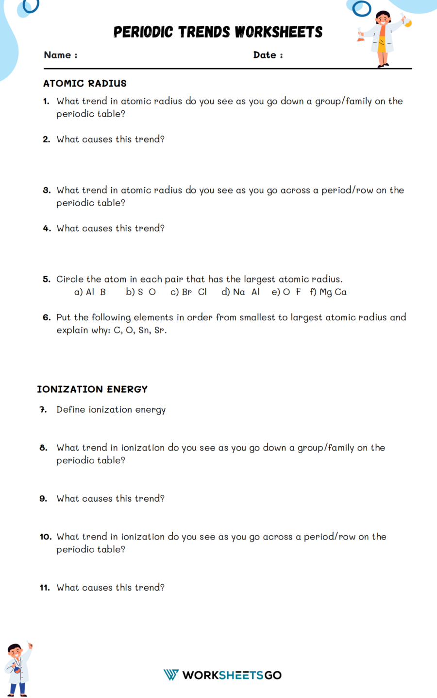 Periodic Trends Worksheet 1 Periodic Trends Worksheet 1
