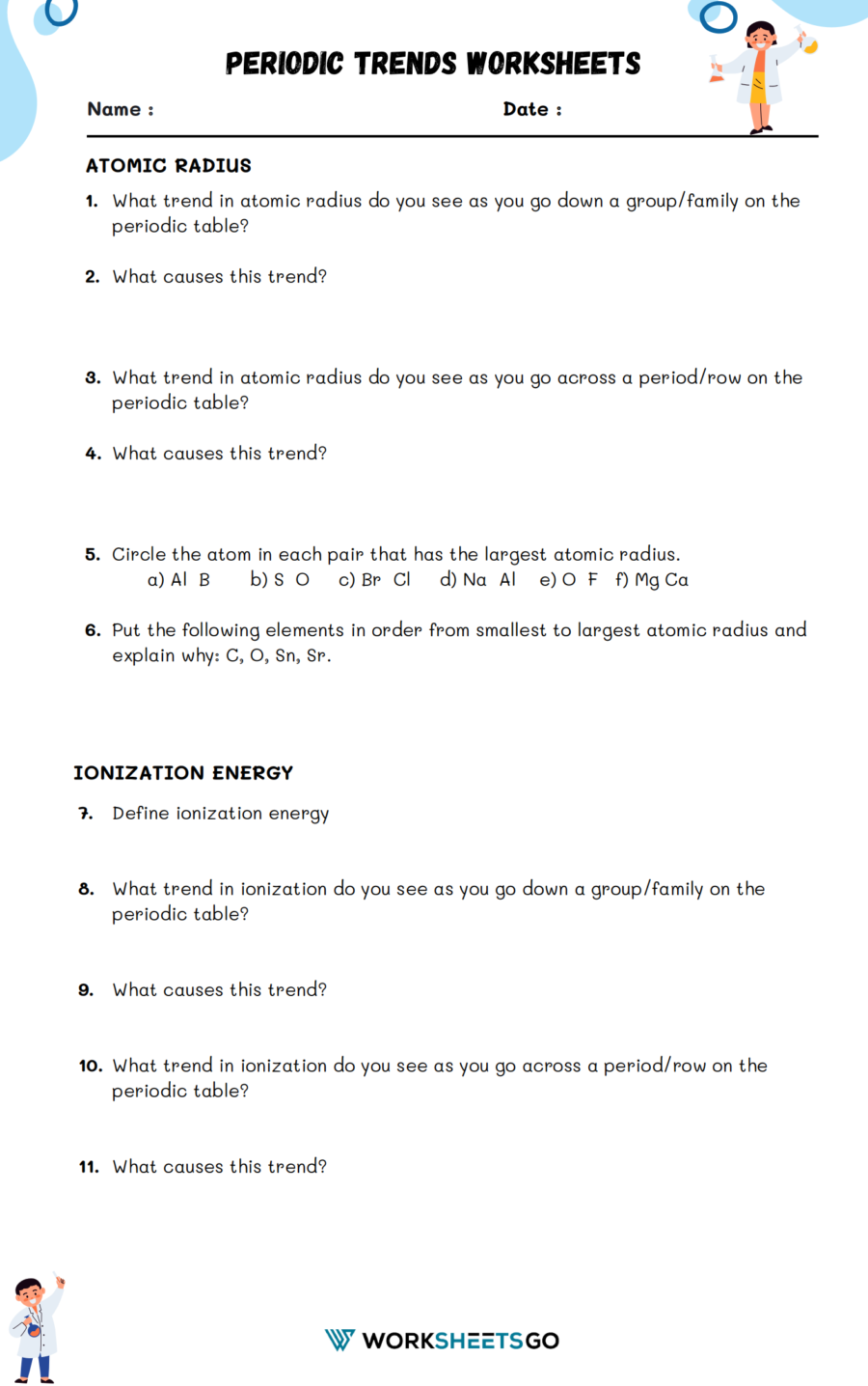 Periodic Trends Worksheet 1