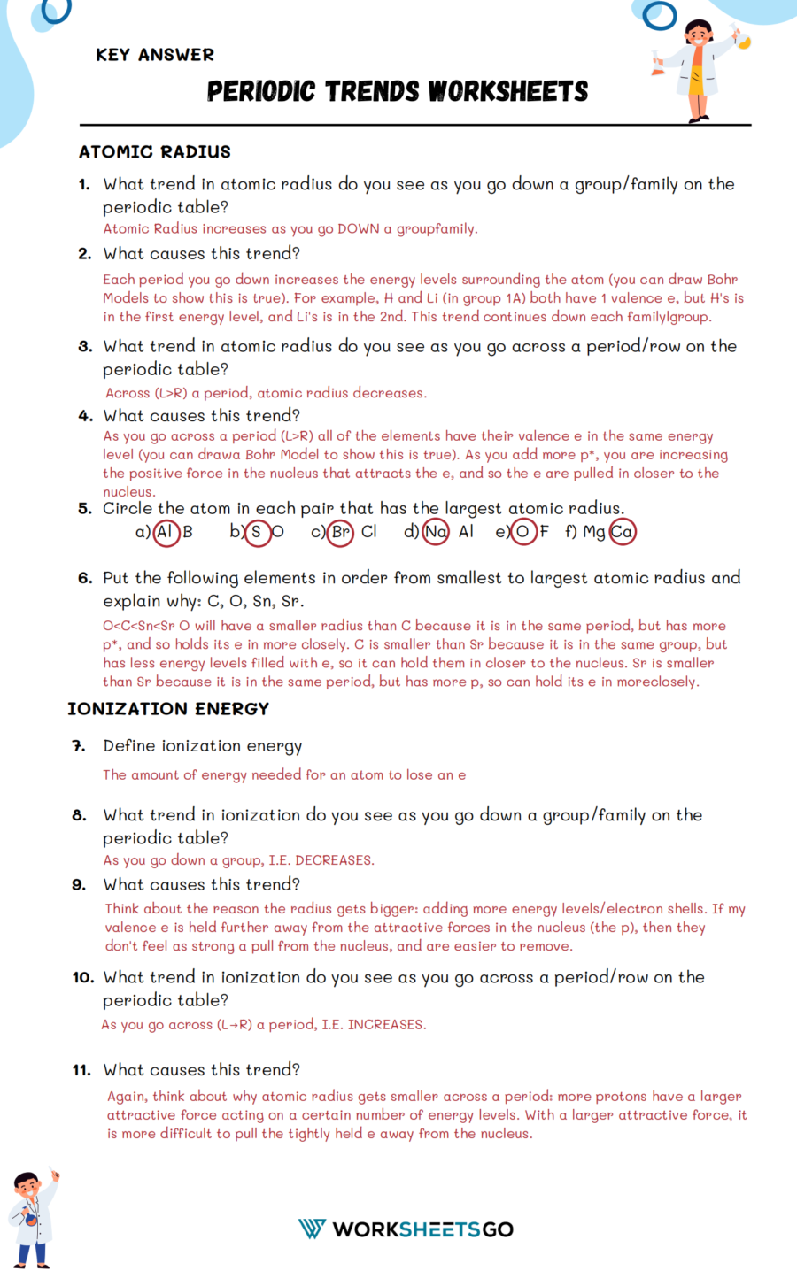 Periodic Trends Worksheet Answer Key 1