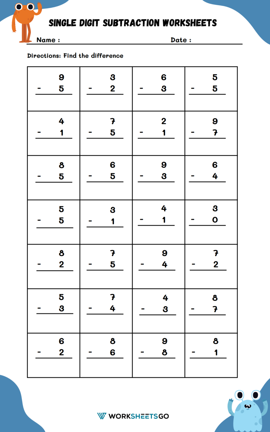 Single Digit Subtraction Worksheet Single Digit Subtraction Worksheet
