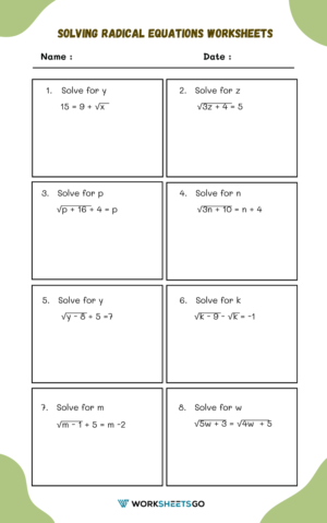 Solving Radical Equations Worksheets