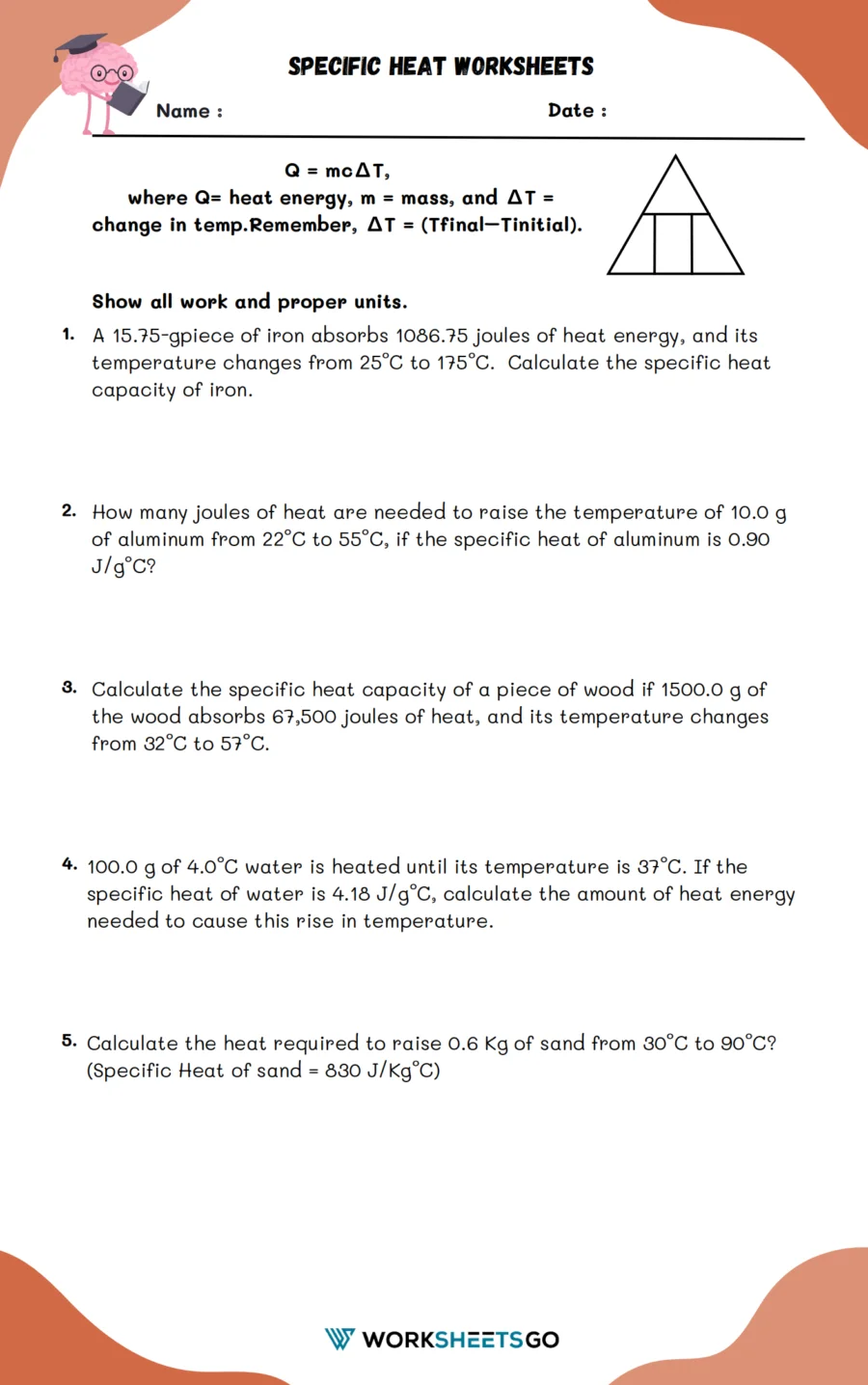 Specific Heat Worksheet Specific Heat Worksheet