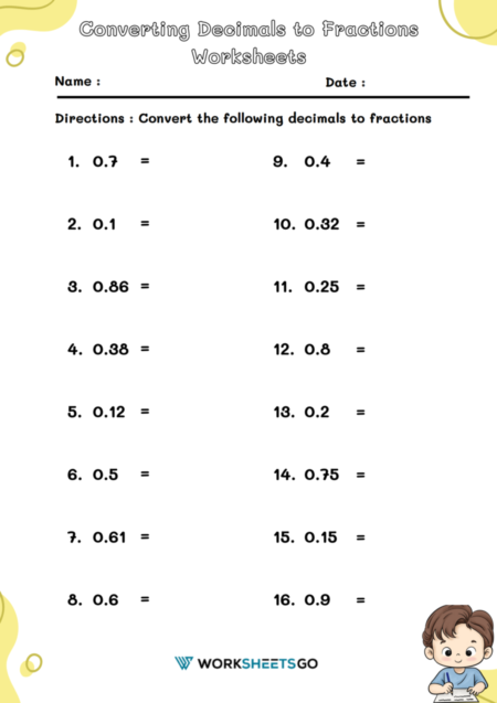 Converting Decimals to Fractions Worksheets