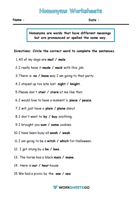 Homonyms Worksheets