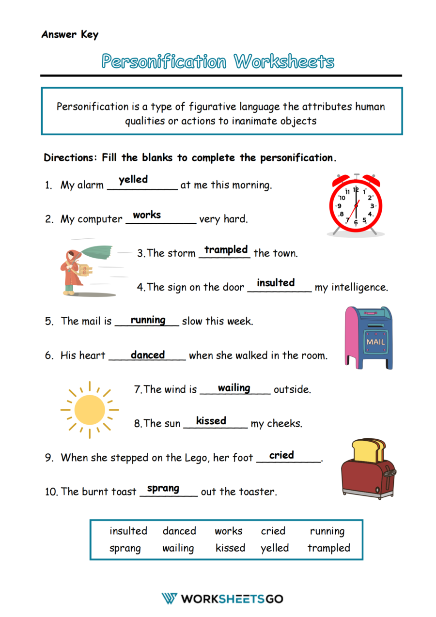 Personification Worksheet Answer Key