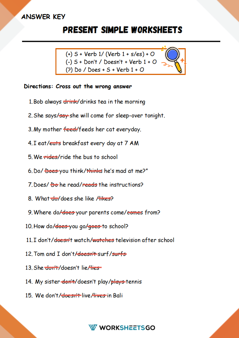 Present Simple Worksheet Answer Key Present Simple Worksheet Answer Key