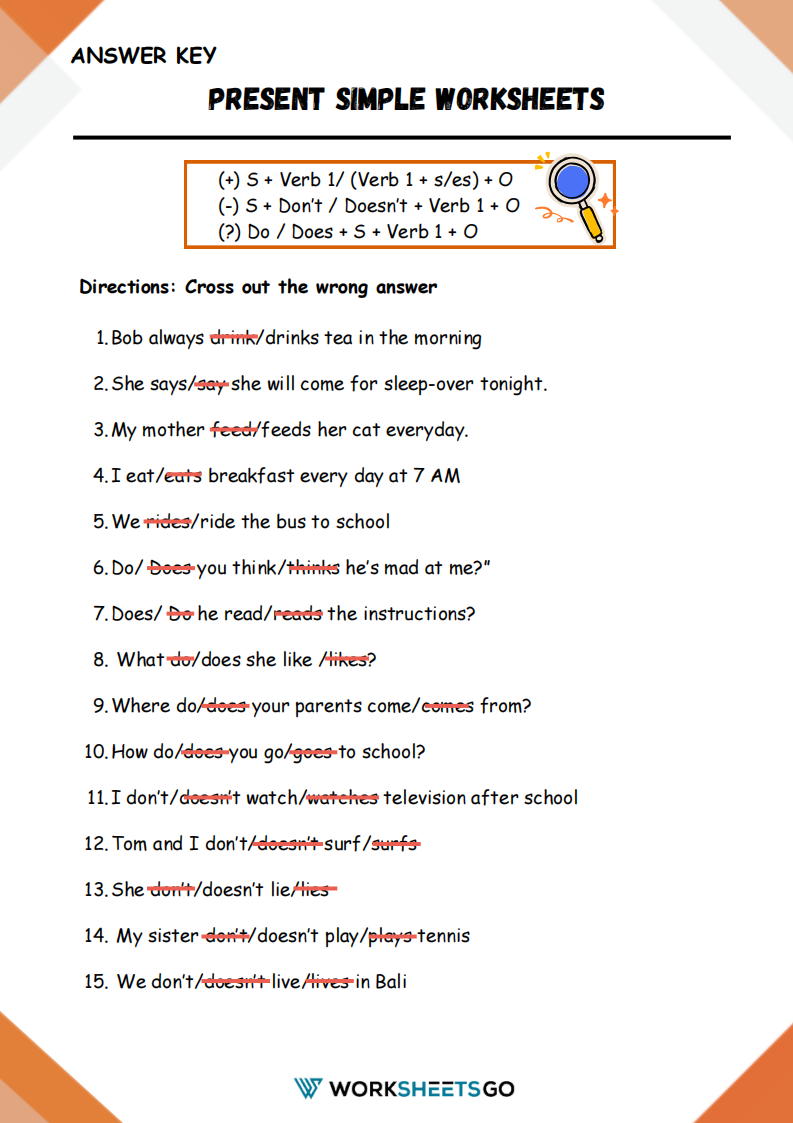 Present Simple Worksheet Answer Key