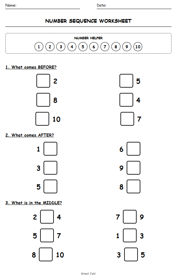 Number Sequence Worksheet (before, After & Middle 1–10)